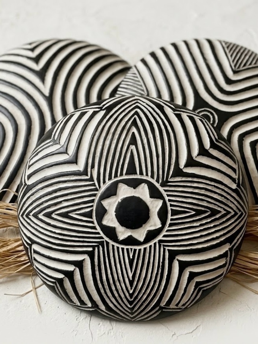 African Carved Wood Shield Black White Wall Decor 13” X 13.25”